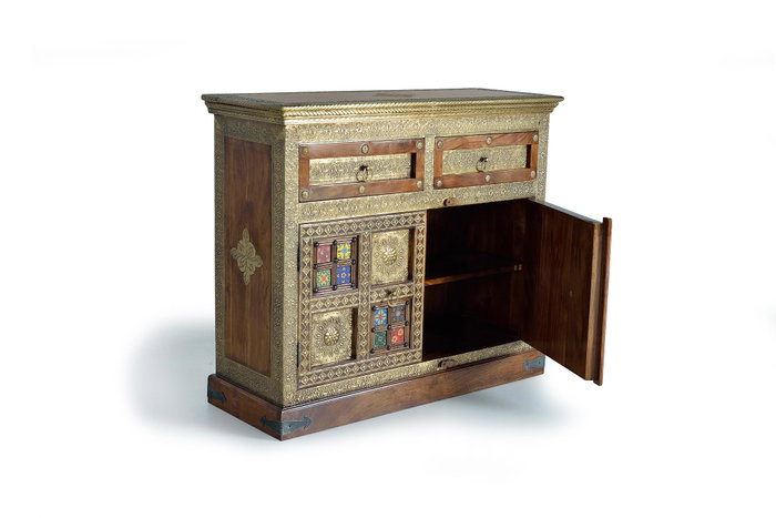 Giner y Colomer Commode en Bois d'Acacia Massif Style Éthnique avec Applications Céramique et Bronze, Coloris Cerisier, 90x105x40 cm